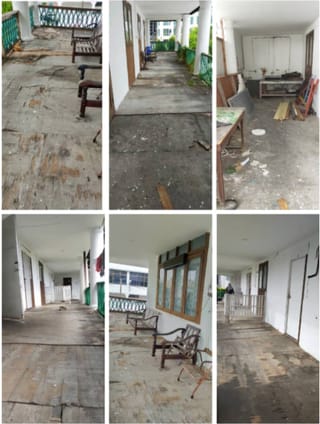 Koleksi foto beranda atas Rumah Batu dengan lantai kayu terhakis dan pagar besi hijau
